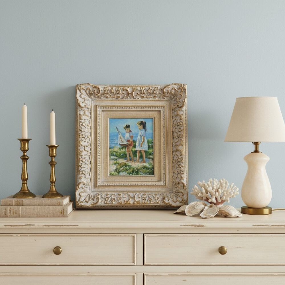 Vintage Coastal Oil Painting-Children-Sailboat-Ornate Gilt Wood Frame-Art-Beach - Picture 3 of 11